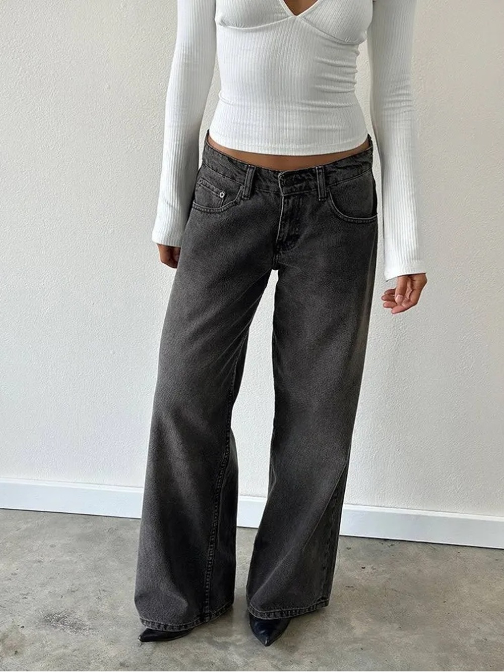 Motel roomy wide low rise jeans Washed Black Grey